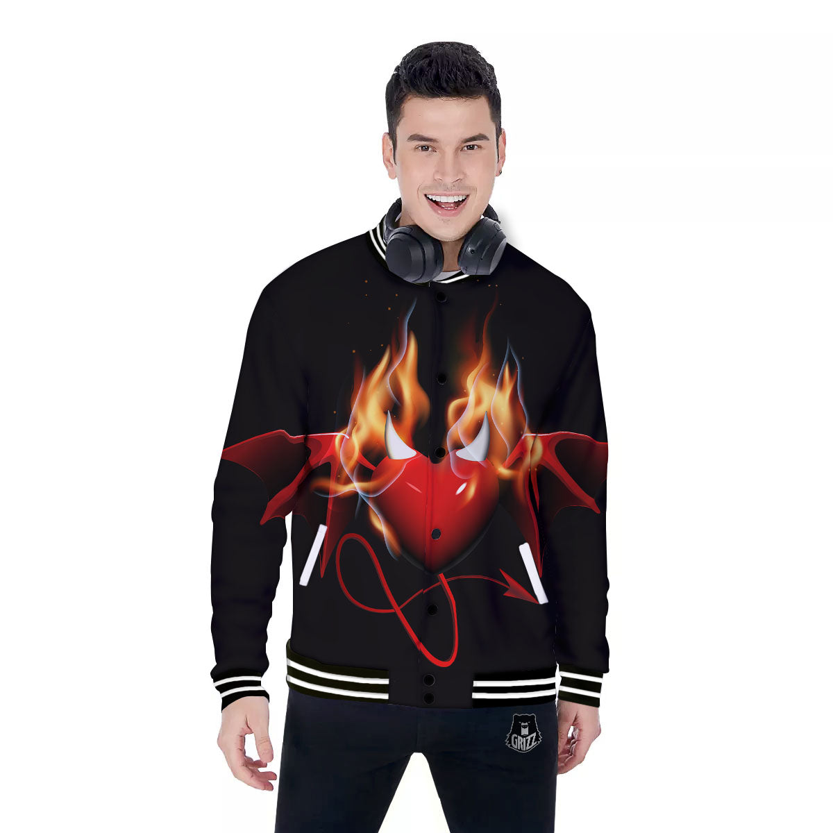 Fire Wings Angel Heart Print Baseball Jacket-grizzshop