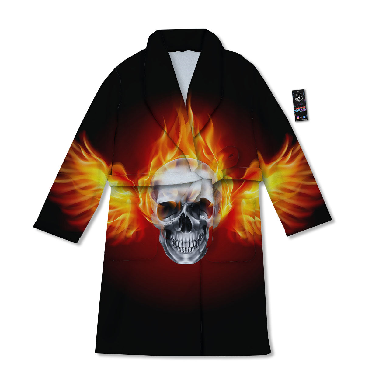 Fire Wings With Flaming Skull Print Bathrobe-grizzshop
