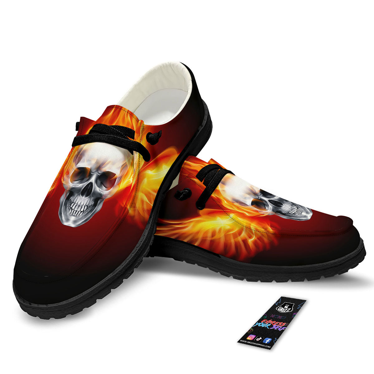 Fire Wings With Flaming Skull Print Black Loafers-grizzshop