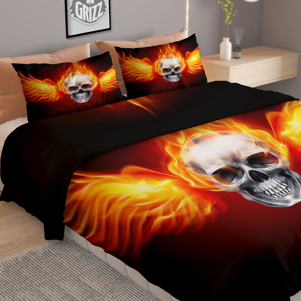 Fire Wings With Flaming Skull Print Duvet Cover Bedding Set