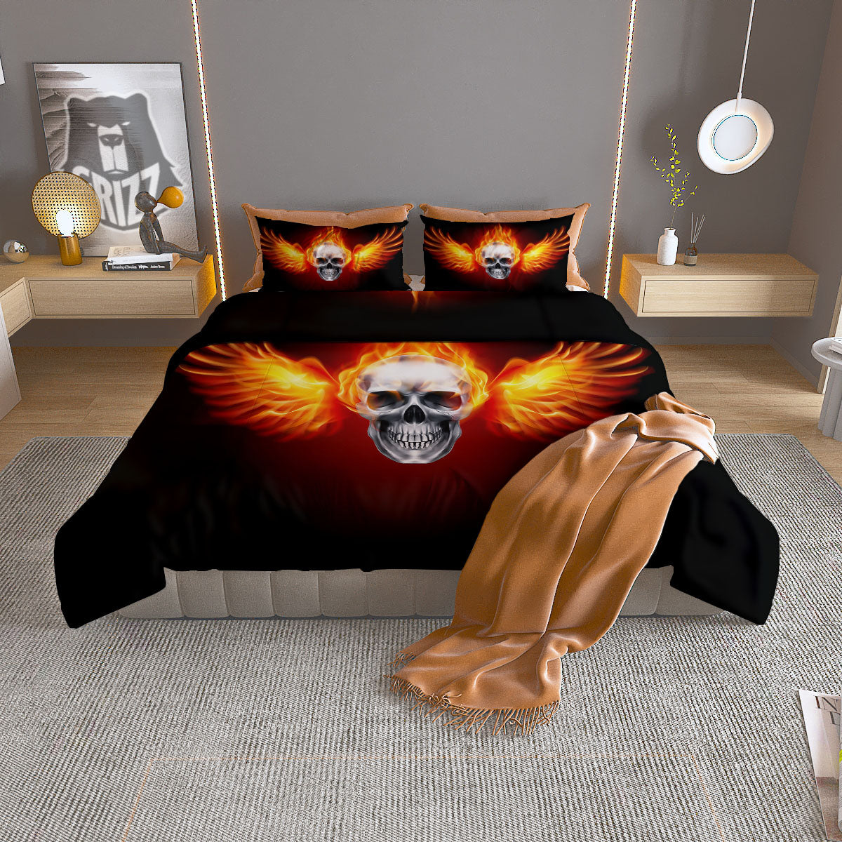 Fire Wings With Flaming Skull Print Duvet Cover Bedding Set
