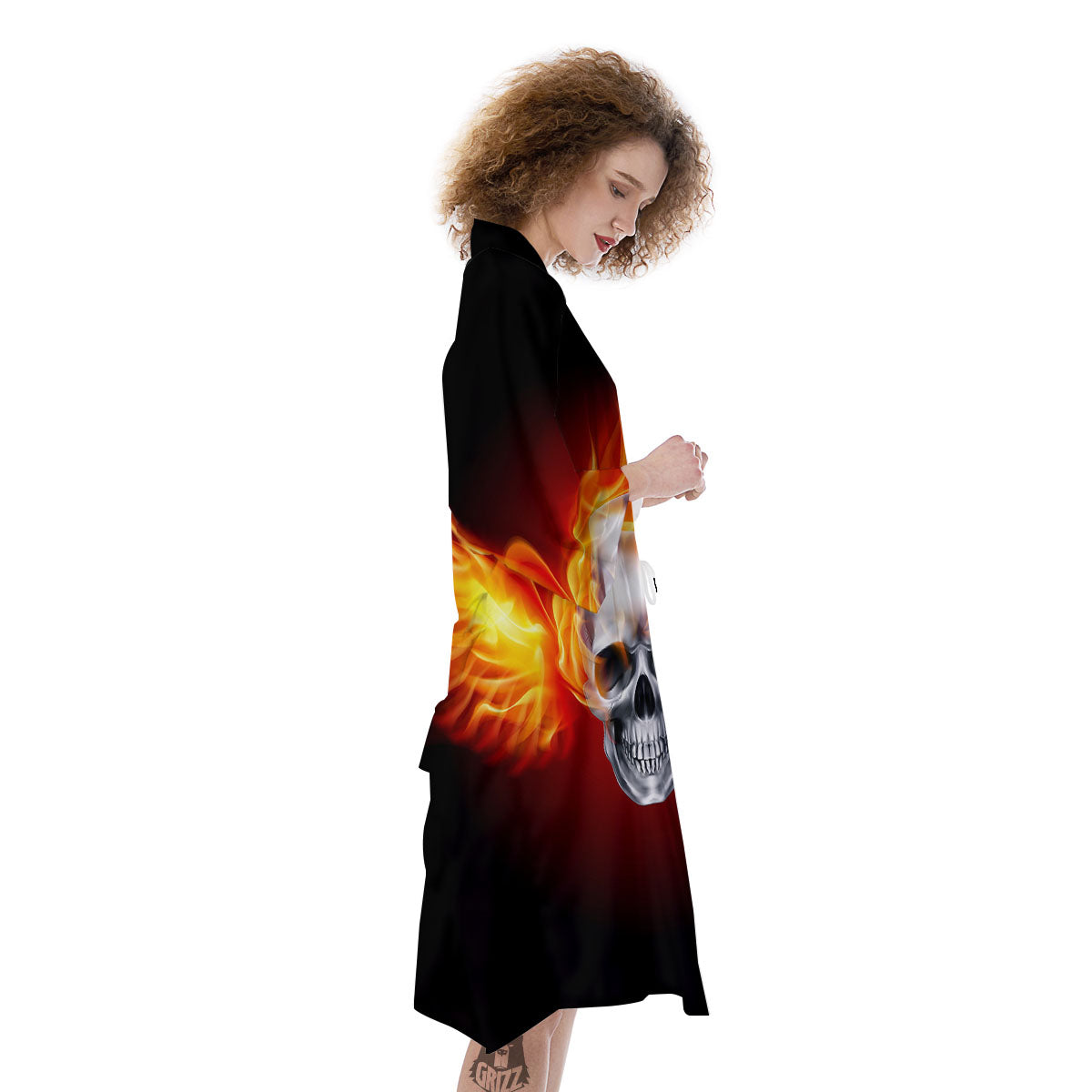 Fire Wings With Flaming Skull Print Kimono-grizzshop