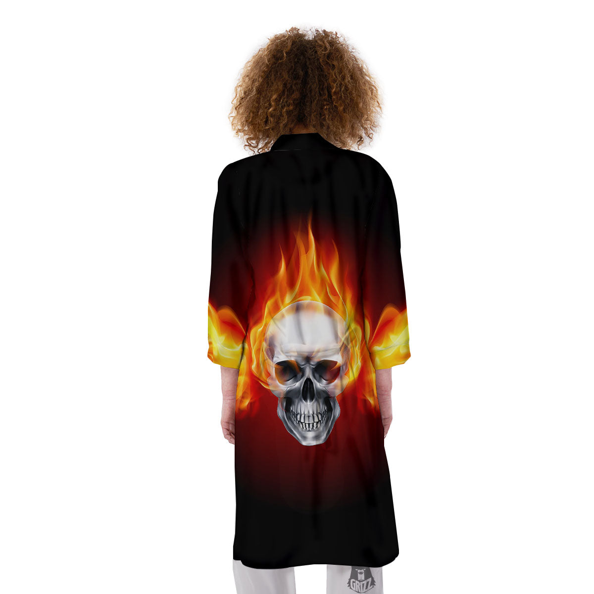 Fire Wings With Flaming Skull Print Kimono-grizzshop