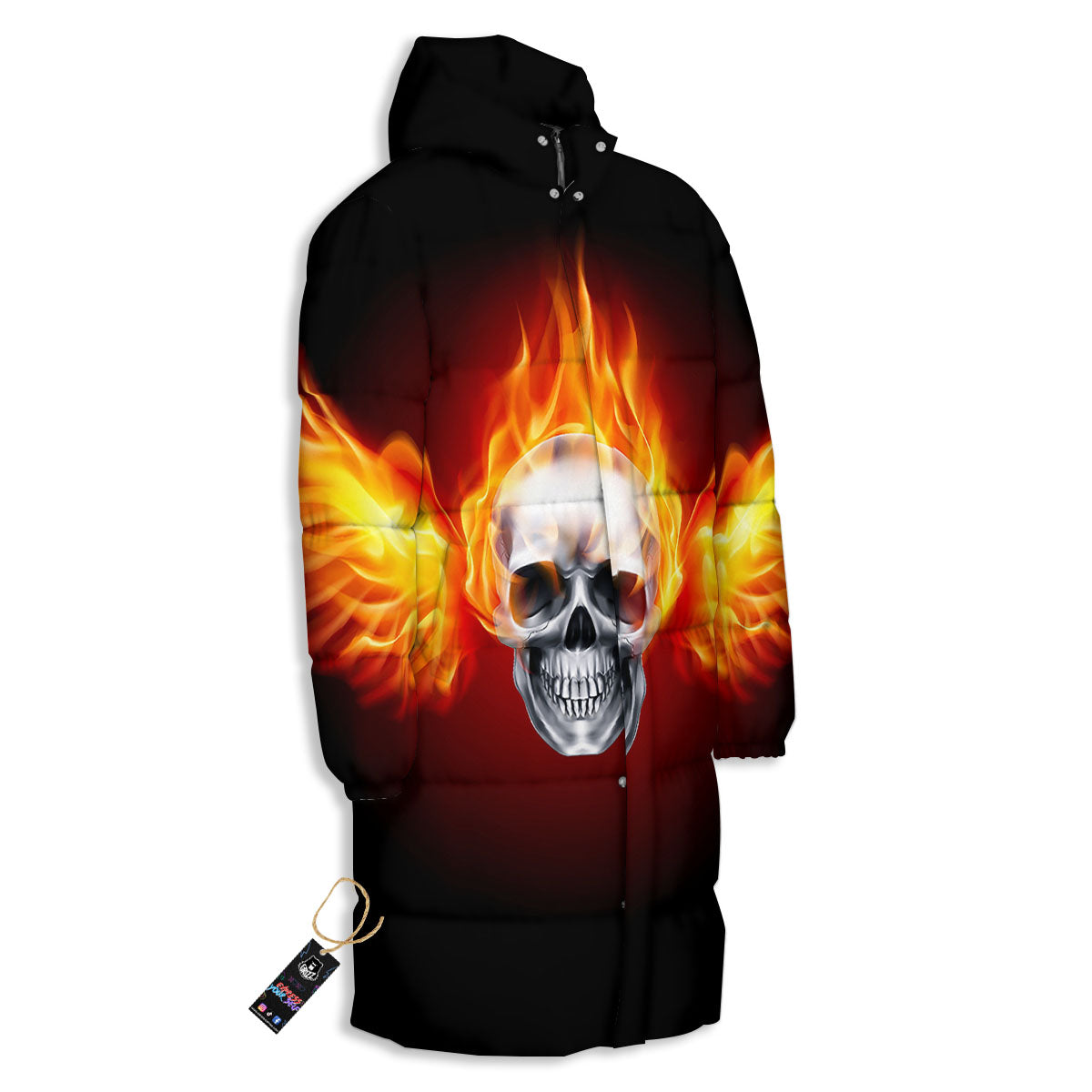 Fire Wings With Flaming Skull Print Long Down Jacket-grizzshop