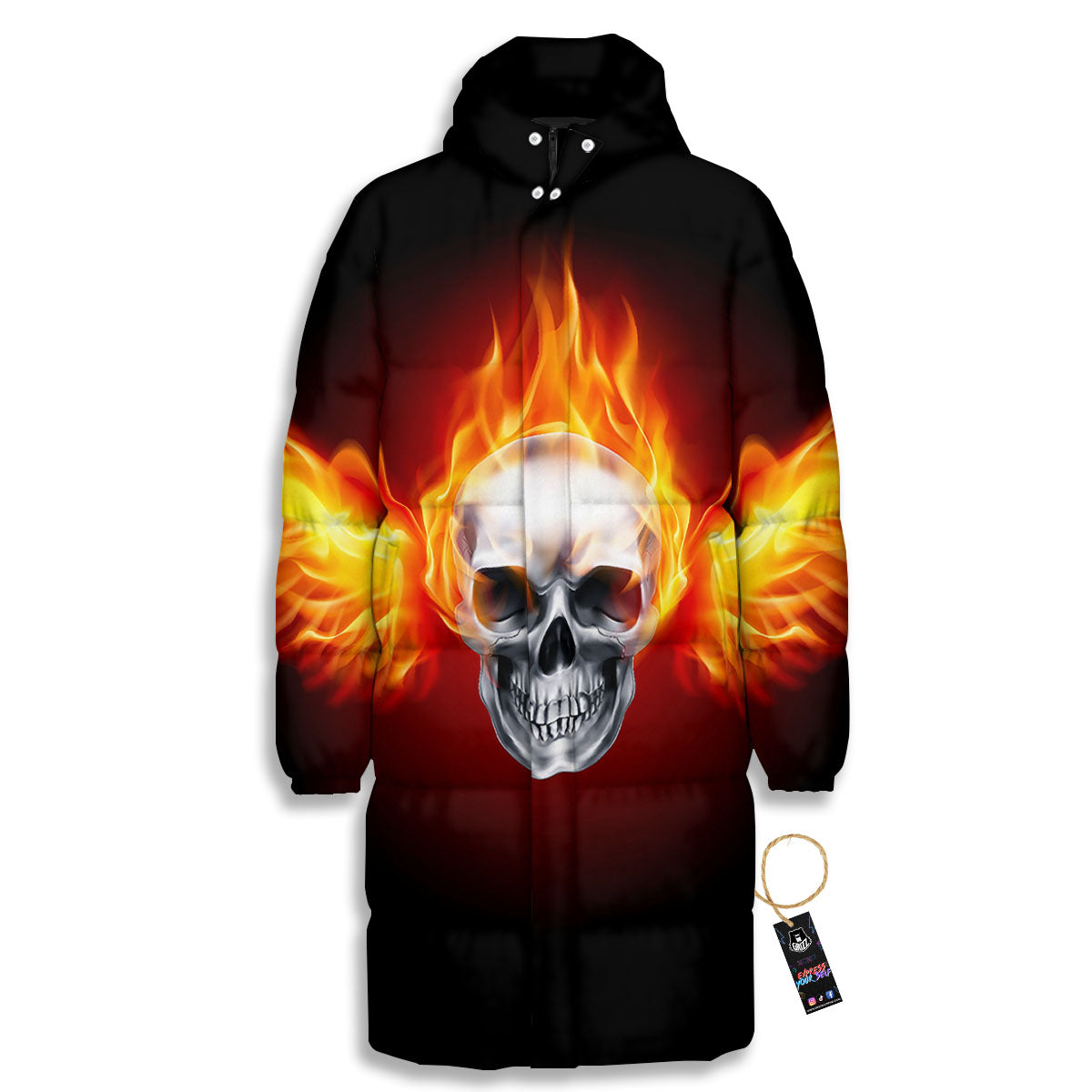 Fire Wings With Flaming Skull Print Long Down Jacket-grizzshop
