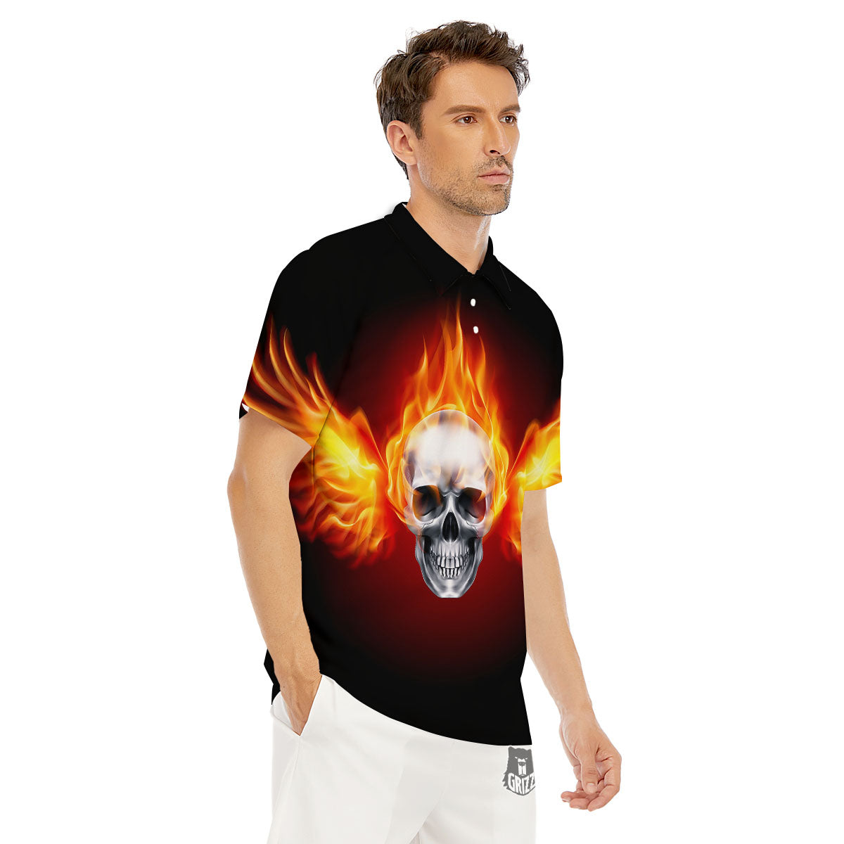 Fire Wings With Flaming Skull Print Men's Golf Shirts-grizzshop