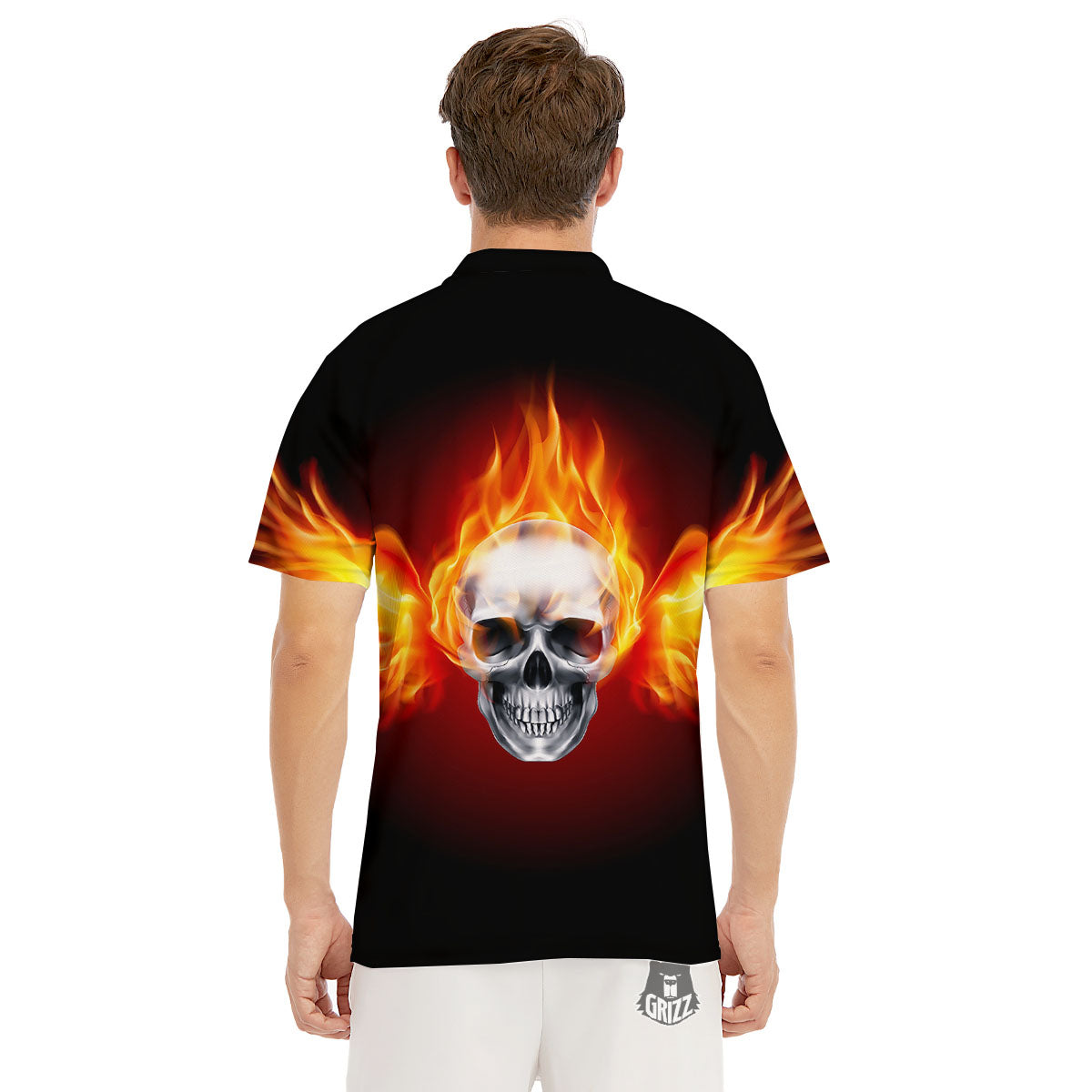 Fire Wings With Flaming Skull Print Men's Golf Shirts-grizzshop