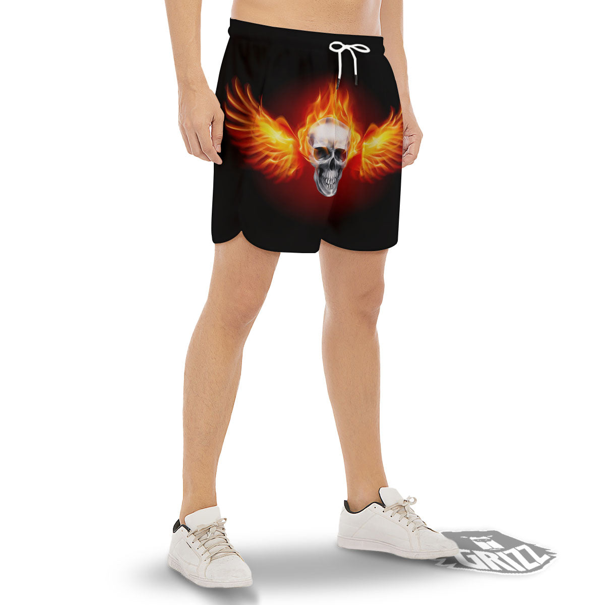 Fire Wings With Flaming Skull Print Men's Gym Shorts-grizzshop