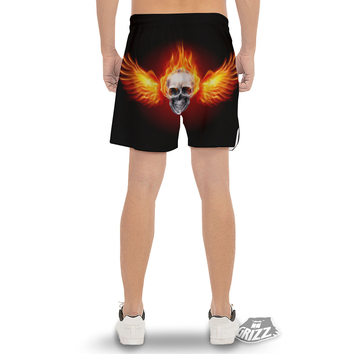 Fire Wings With Flaming Skull Print Men's Gym Shorts-grizzshop