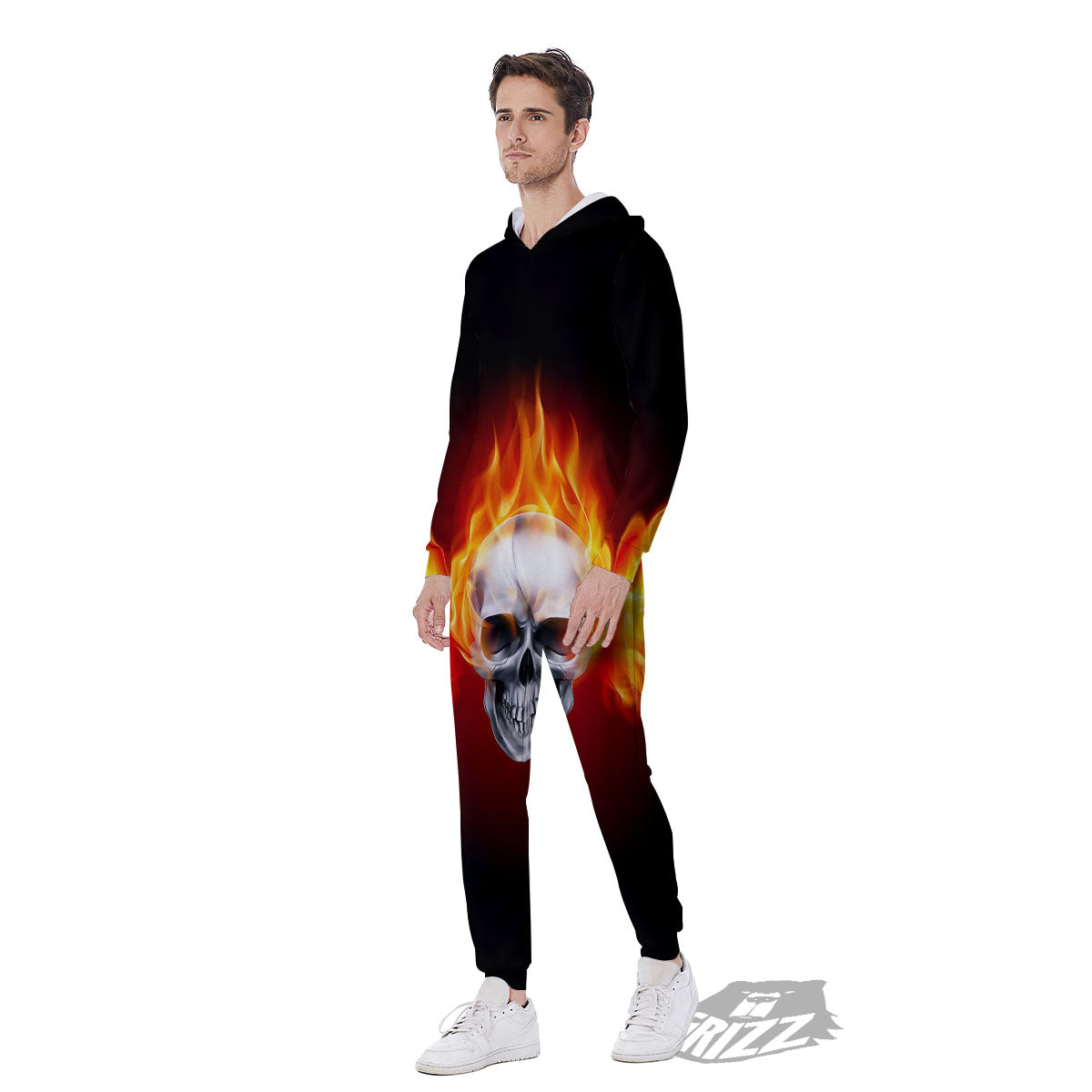 Fire Wings With Flaming Skull Print Men's Jumpsuit-grizzshop