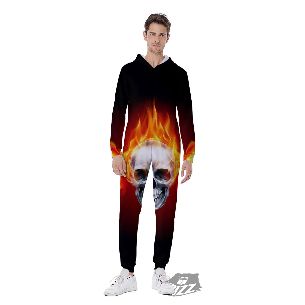 Fire Wings With Flaming Skull Print Men's Jumpsuit-grizzshop