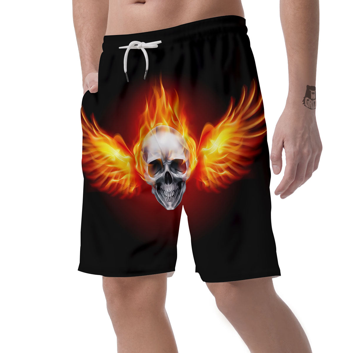 Fire Wings With Flaming Skull Print Men's Shorts-grizzshop