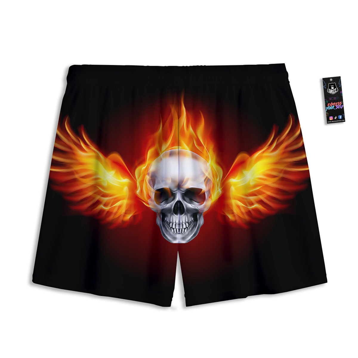 Fire Wings With Flaming Skull Print Mesh Shorts