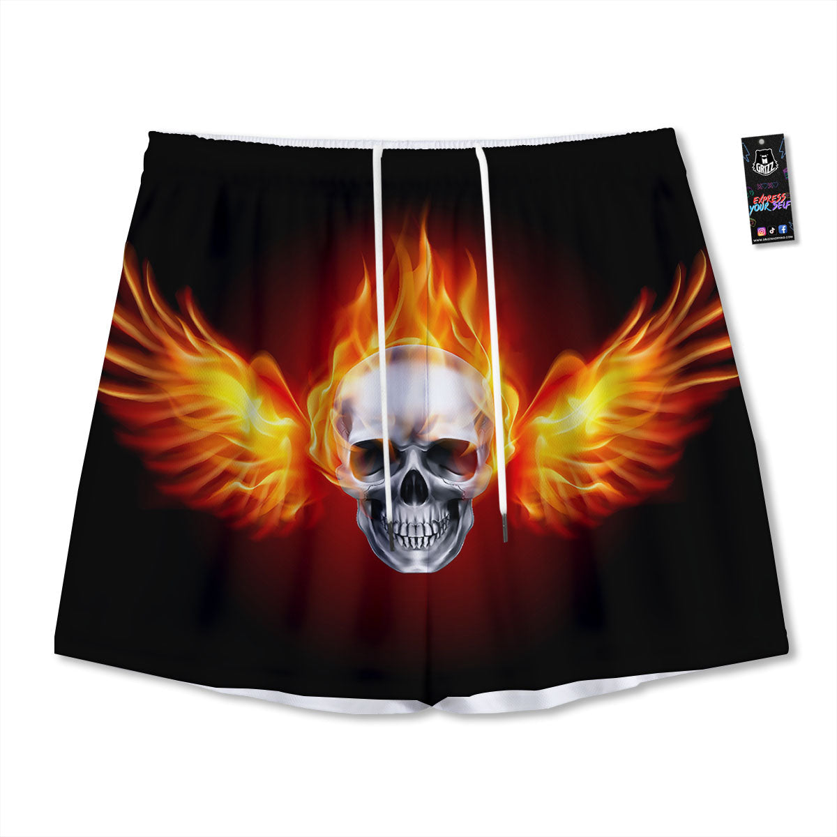 Fire Wings With Flaming Skull Print Mesh Shorts