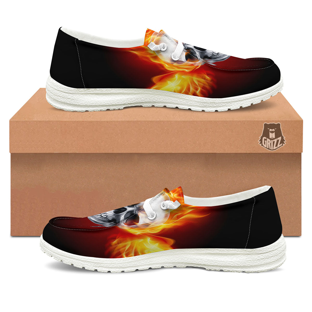 Fire Wings With Flaming Skull Print White Loafers-grizzshop
