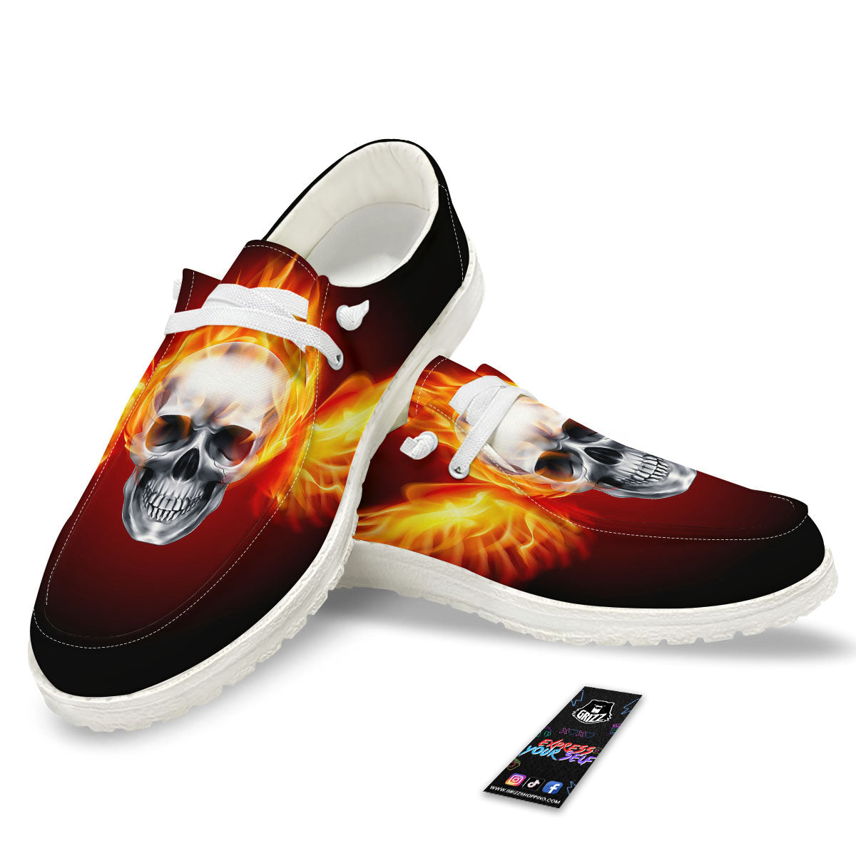 Fire Wings With Flaming Skull Print White Loafers-grizzshop