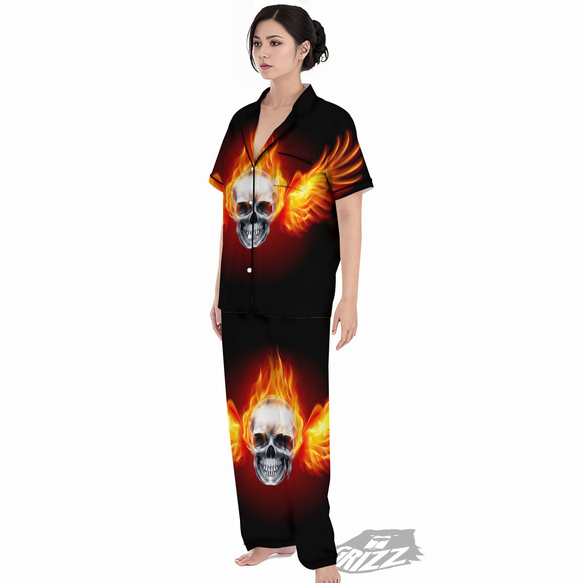 Fire Wings With Flaming Skull Print Women's Pajamas Set-grizzshop