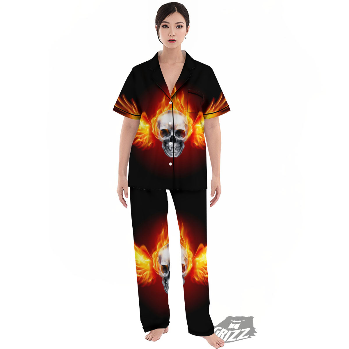 Fire Wings With Flaming Skull Print Women's Pajamas Set-grizzshop