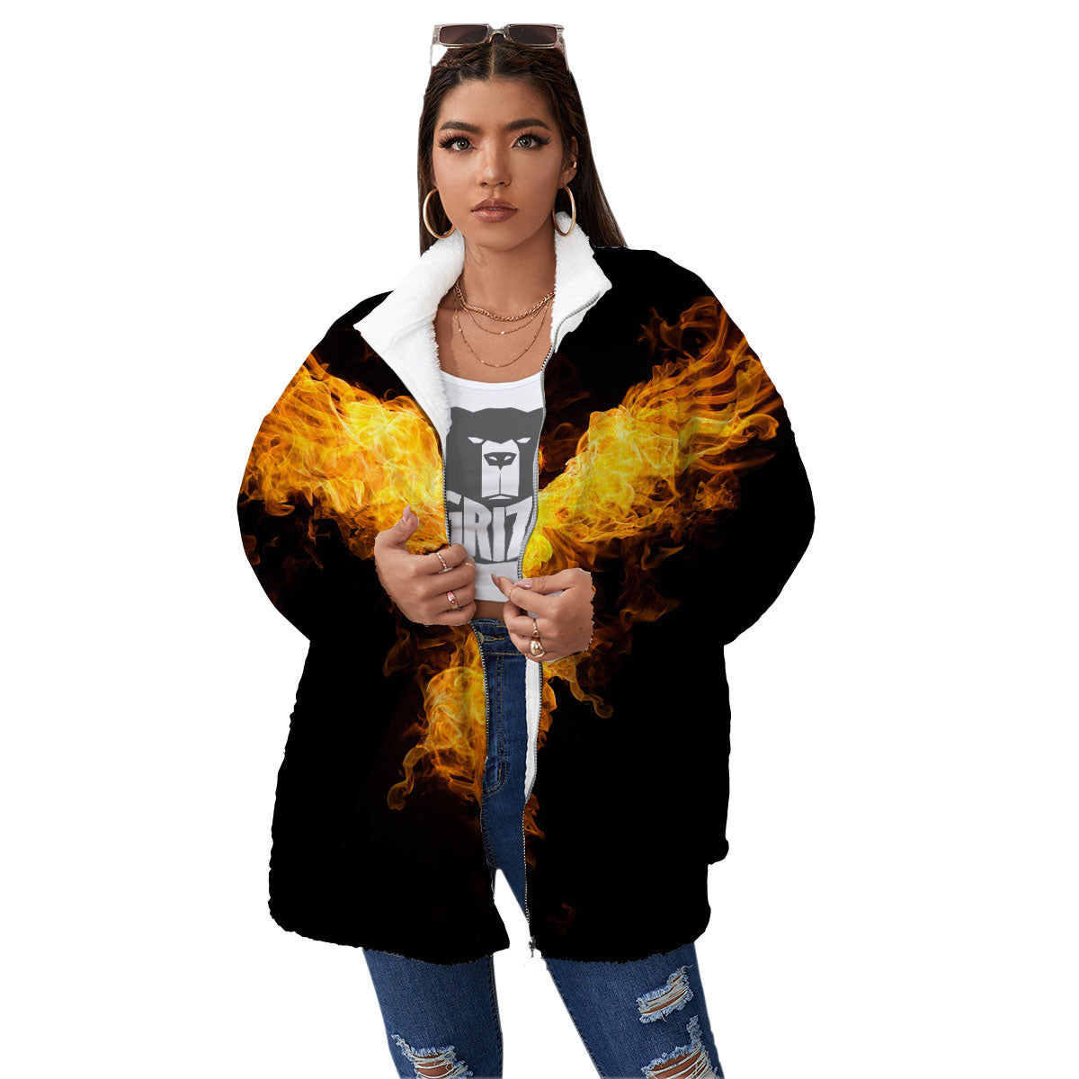 Firebird Phoenix Print Women's Sherpa Jacket-grizzshop