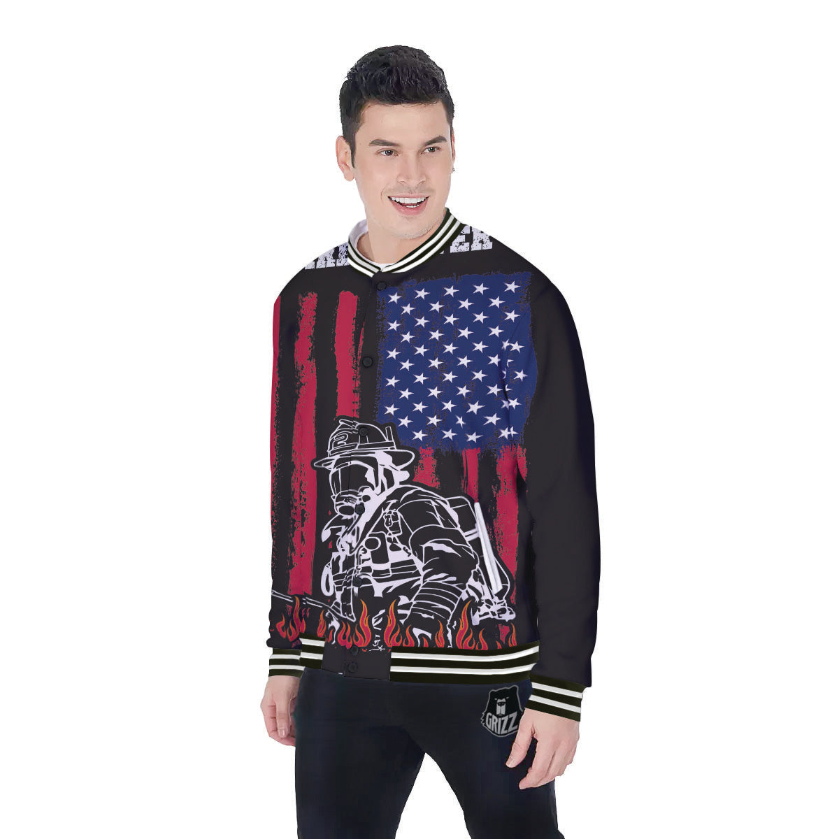 Firefighter Emblem American Print Baseball Jacket-grizzshop