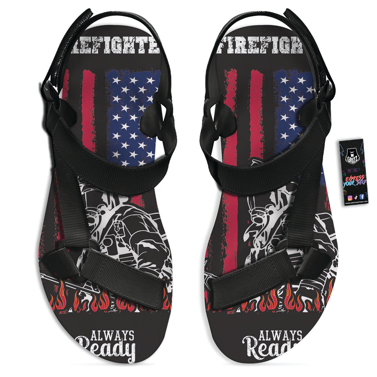 Firefighter Emblem American Print Black Open Toe Sandals-grizzshop