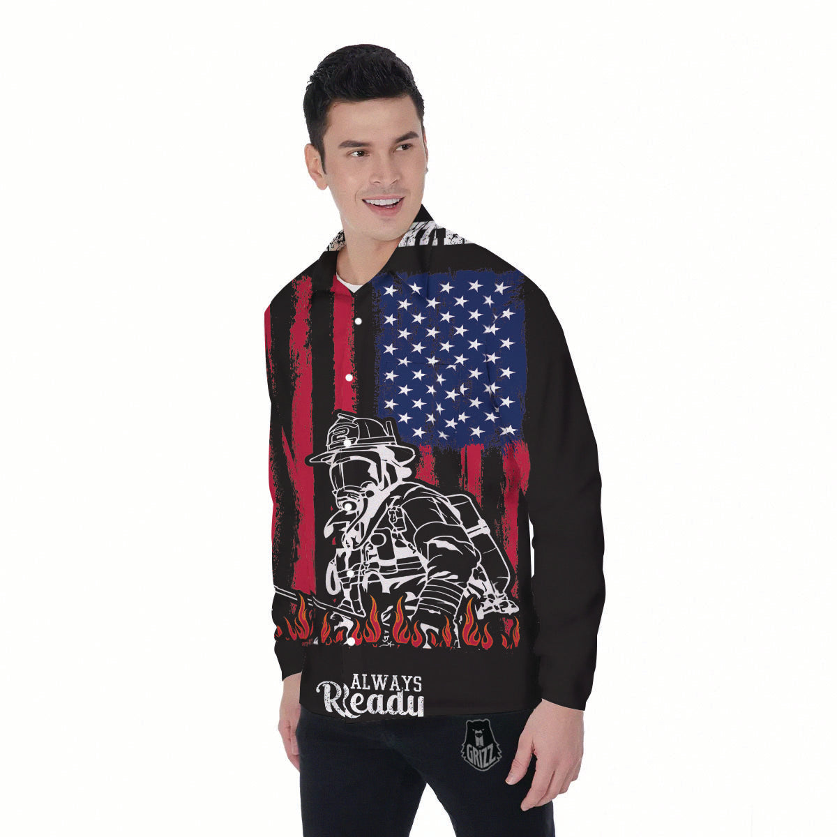 Firefighter Emblem American Print Men's Long Sleeve Shirts-grizzshop