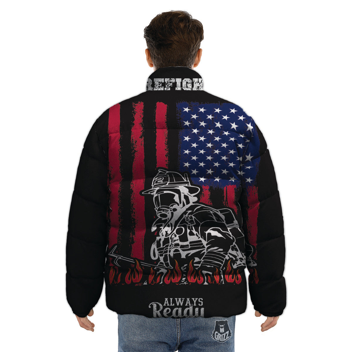 Firefighter Emblem American Print Puffer Jacket-grizzshop