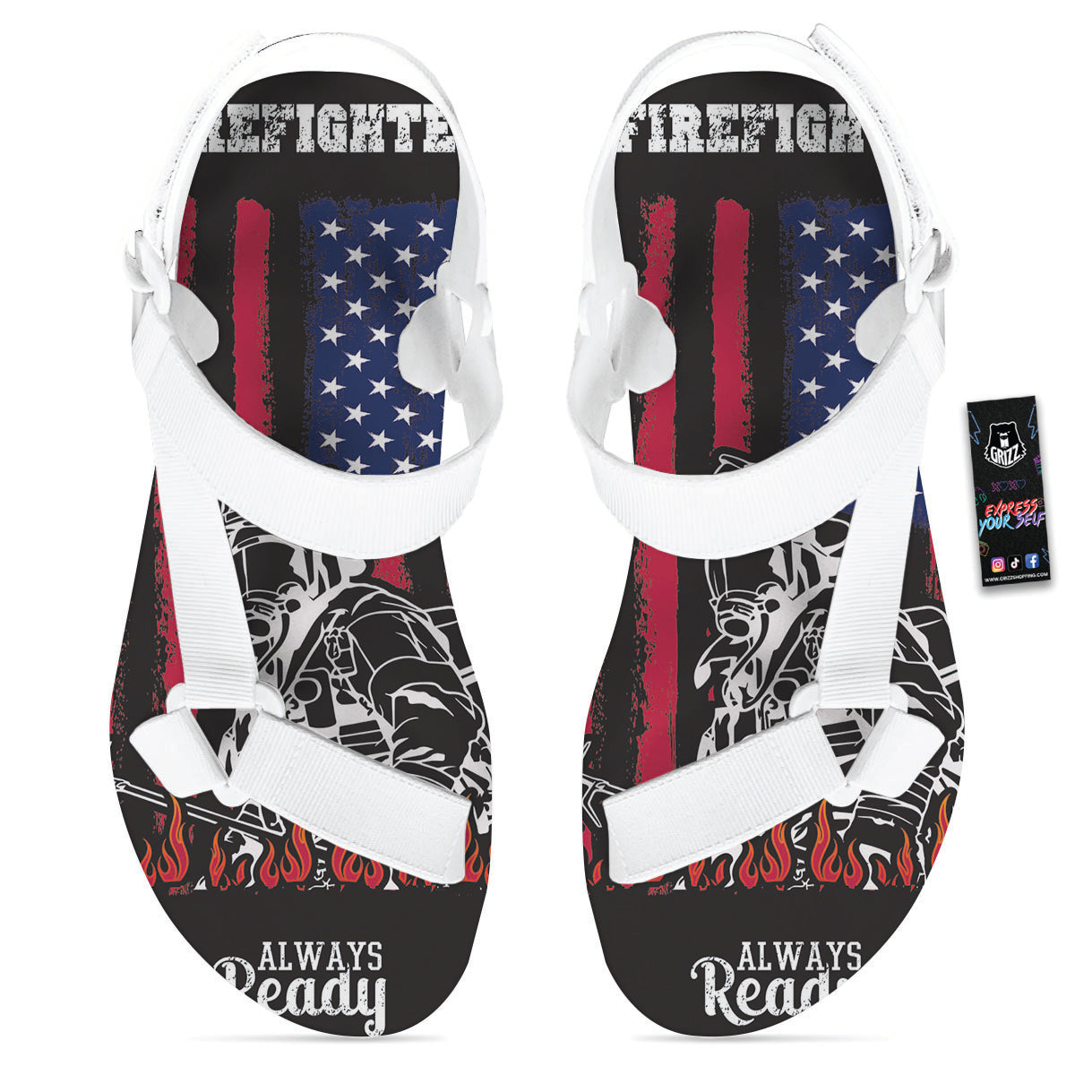 Firefighter Emblem American Print White Open Toe Sandals-grizzshop
