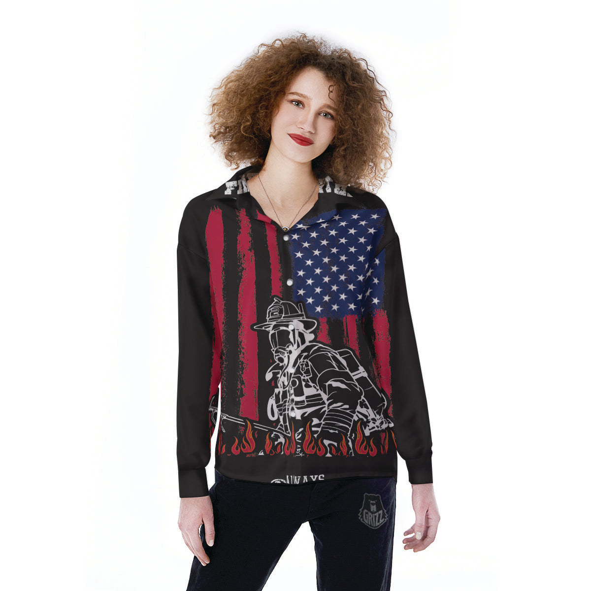 Firefighter Emblem American Print Women's Long Sleeve Shirts-grizzshop