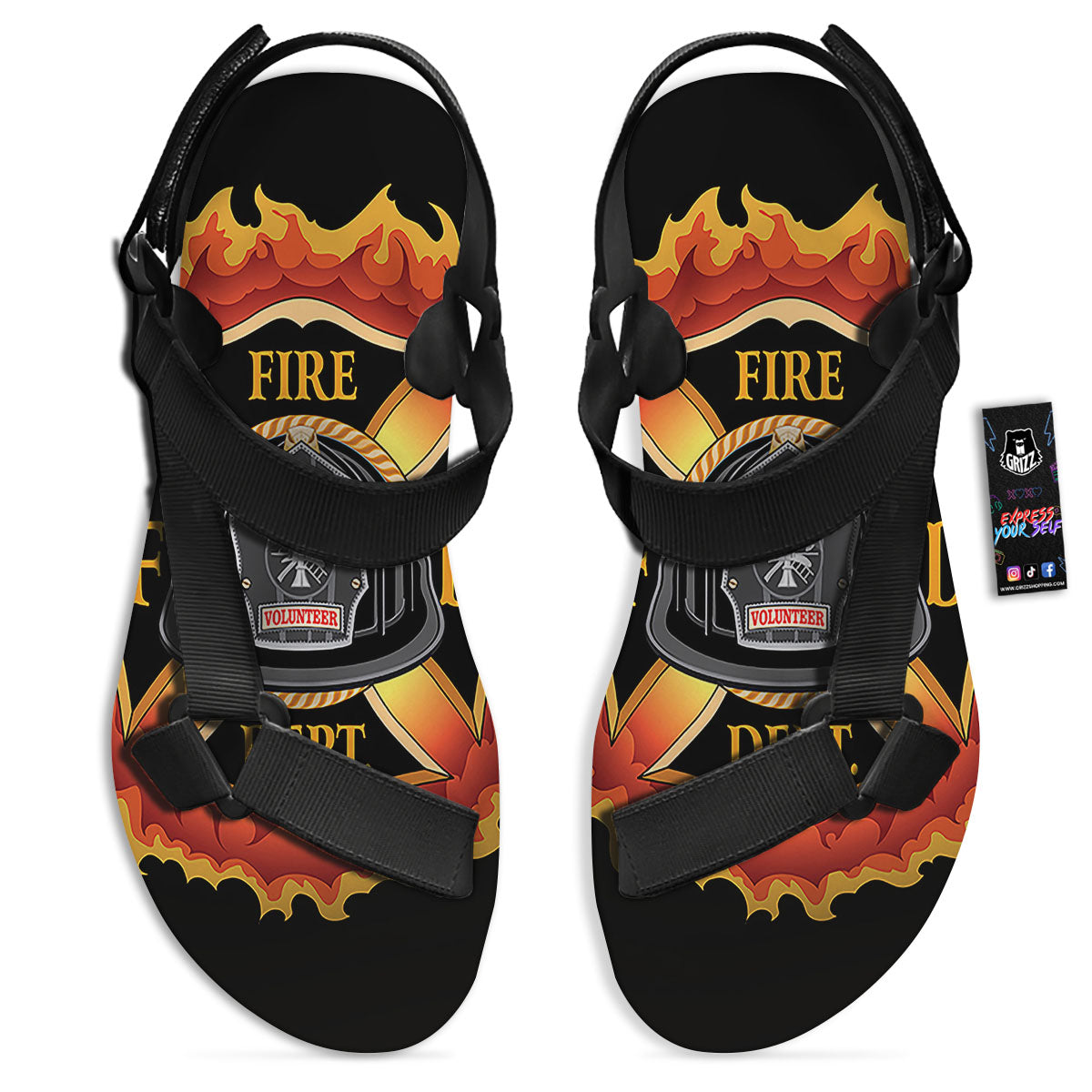 Firefighter Emblem Flaming Print Black Open Toe Sandals-grizzshop