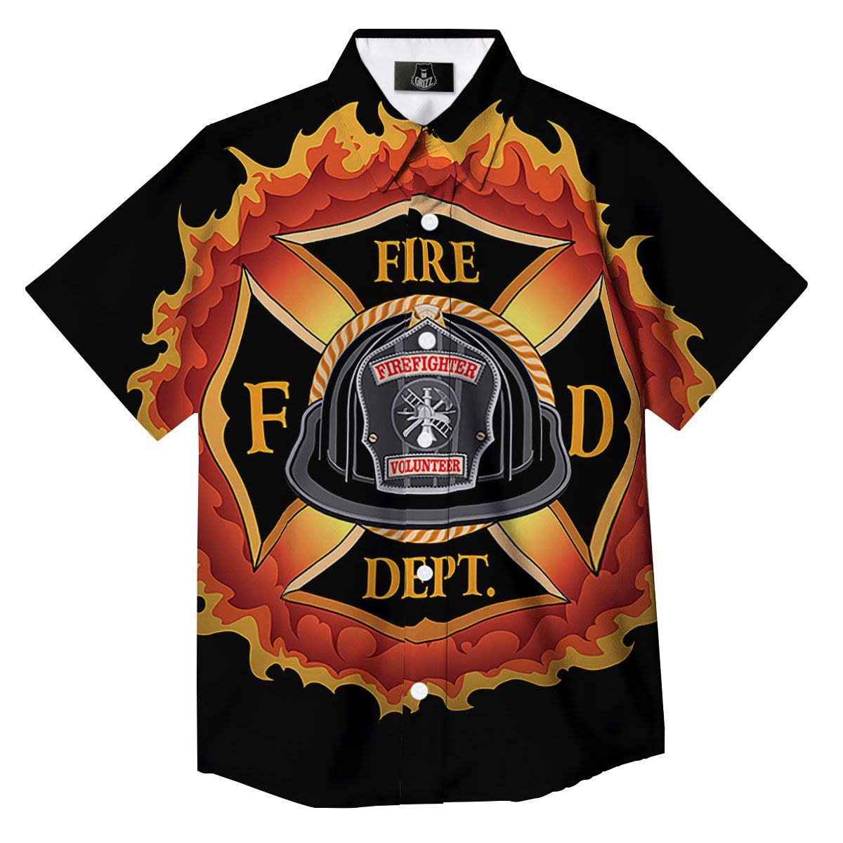 Firefighter Emblem Flaming Print Button Up Shirt-grizzshop
