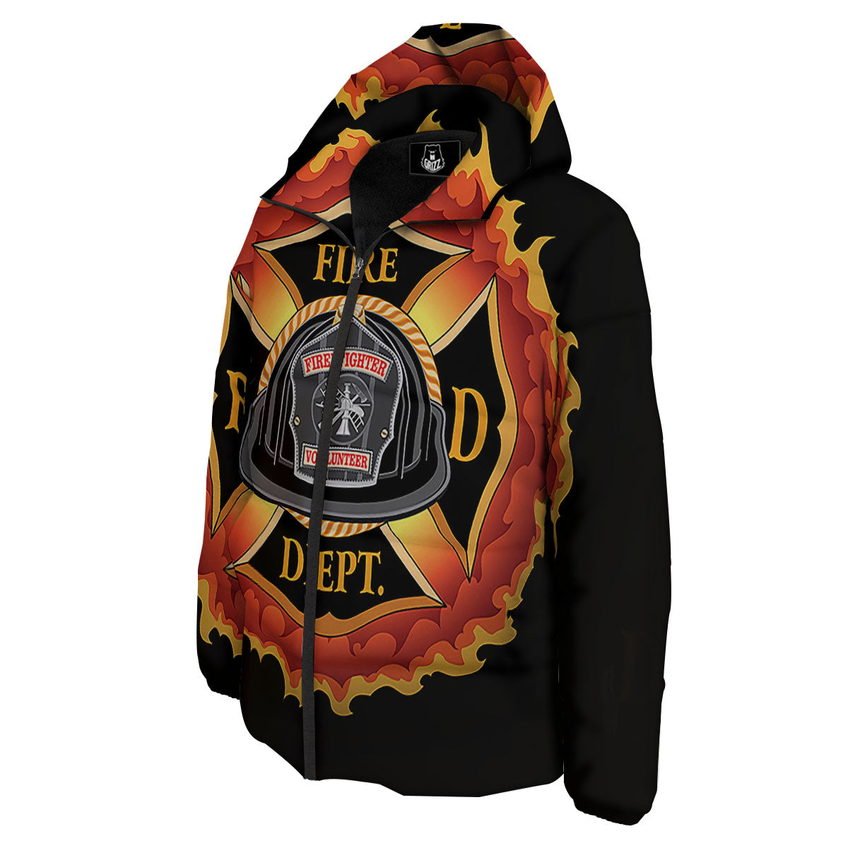Firefighter Emblem Flaming Print Down Jacket-grizzshop