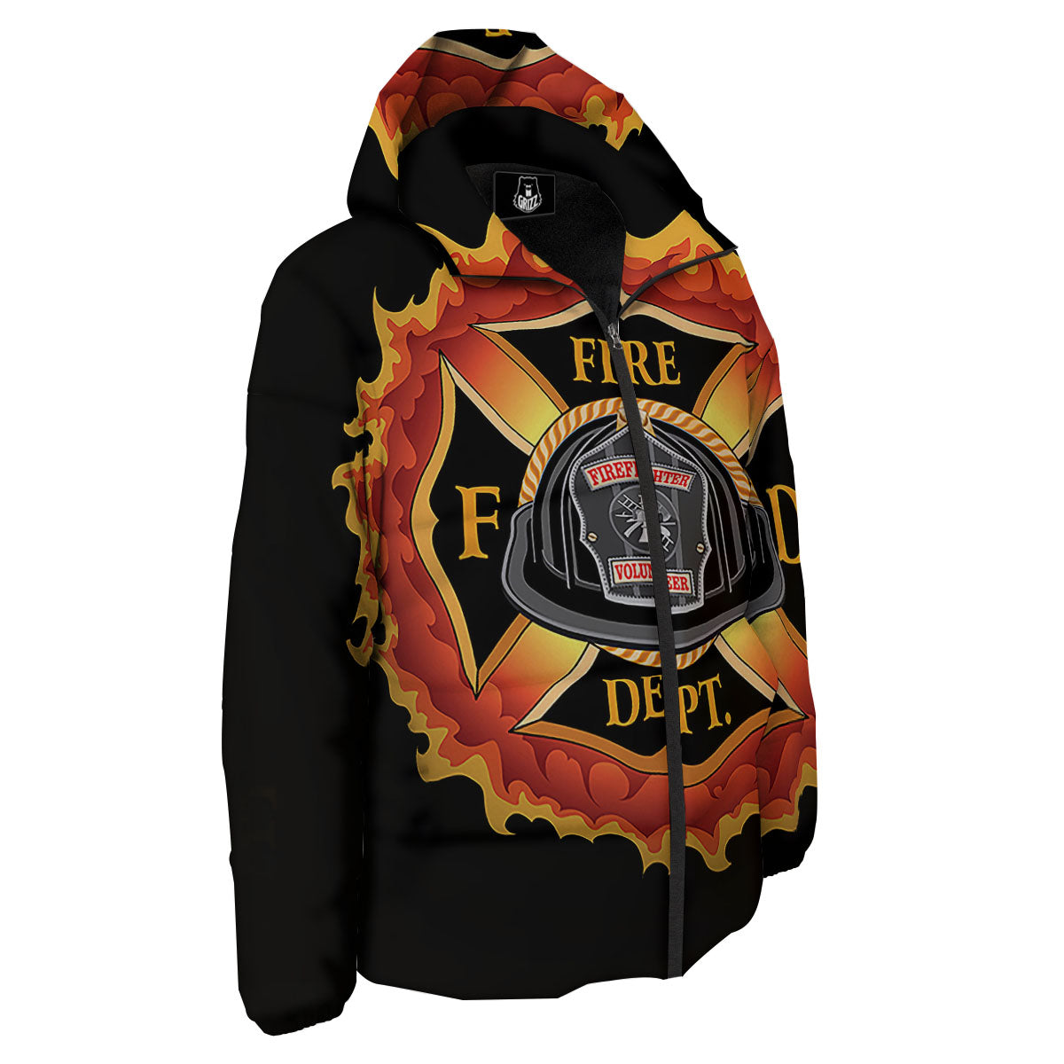 Firefighter Emblem Flaming Print Down Jacket-grizzshop