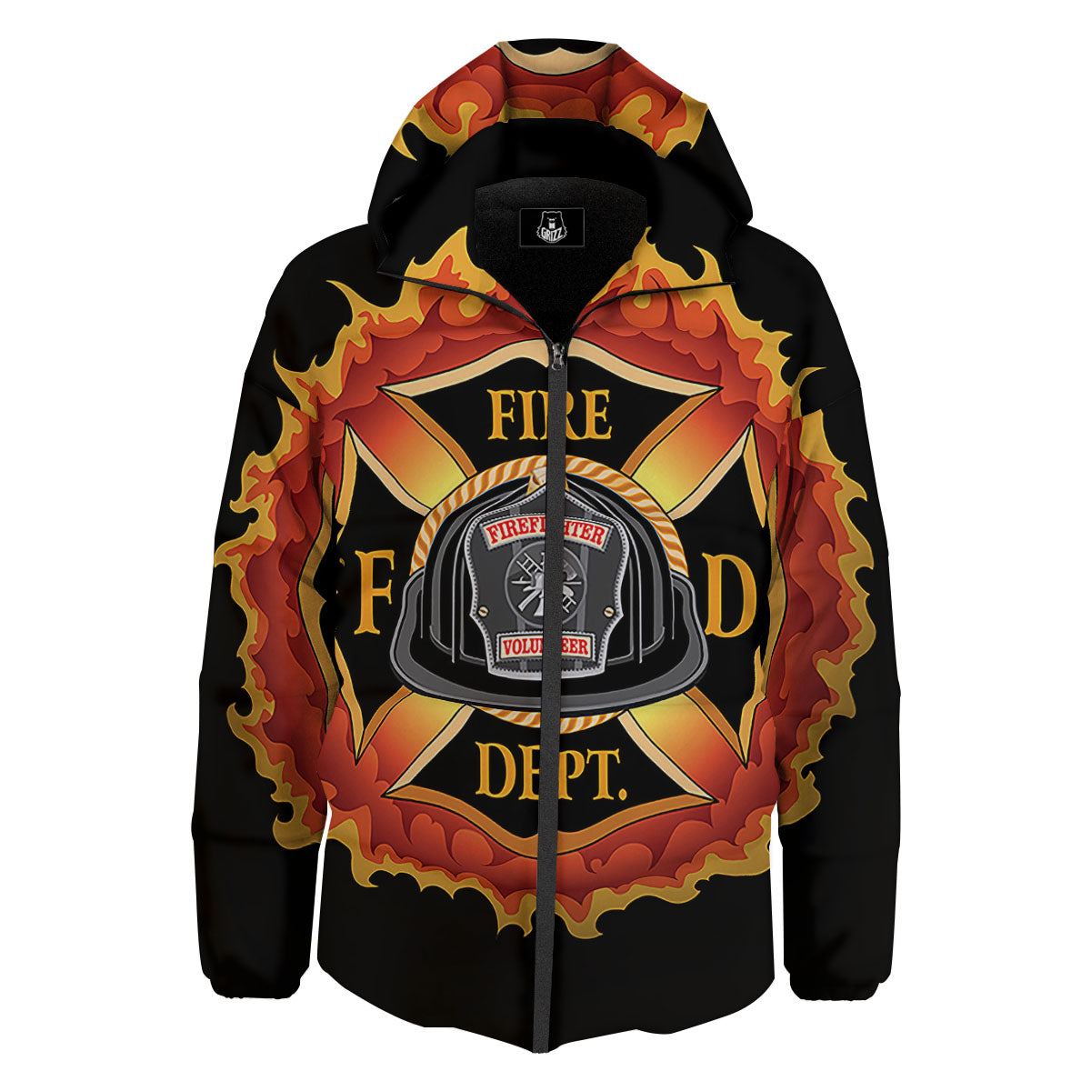 Firefighter Emblem Flaming Print Down Jacket-grizzshop