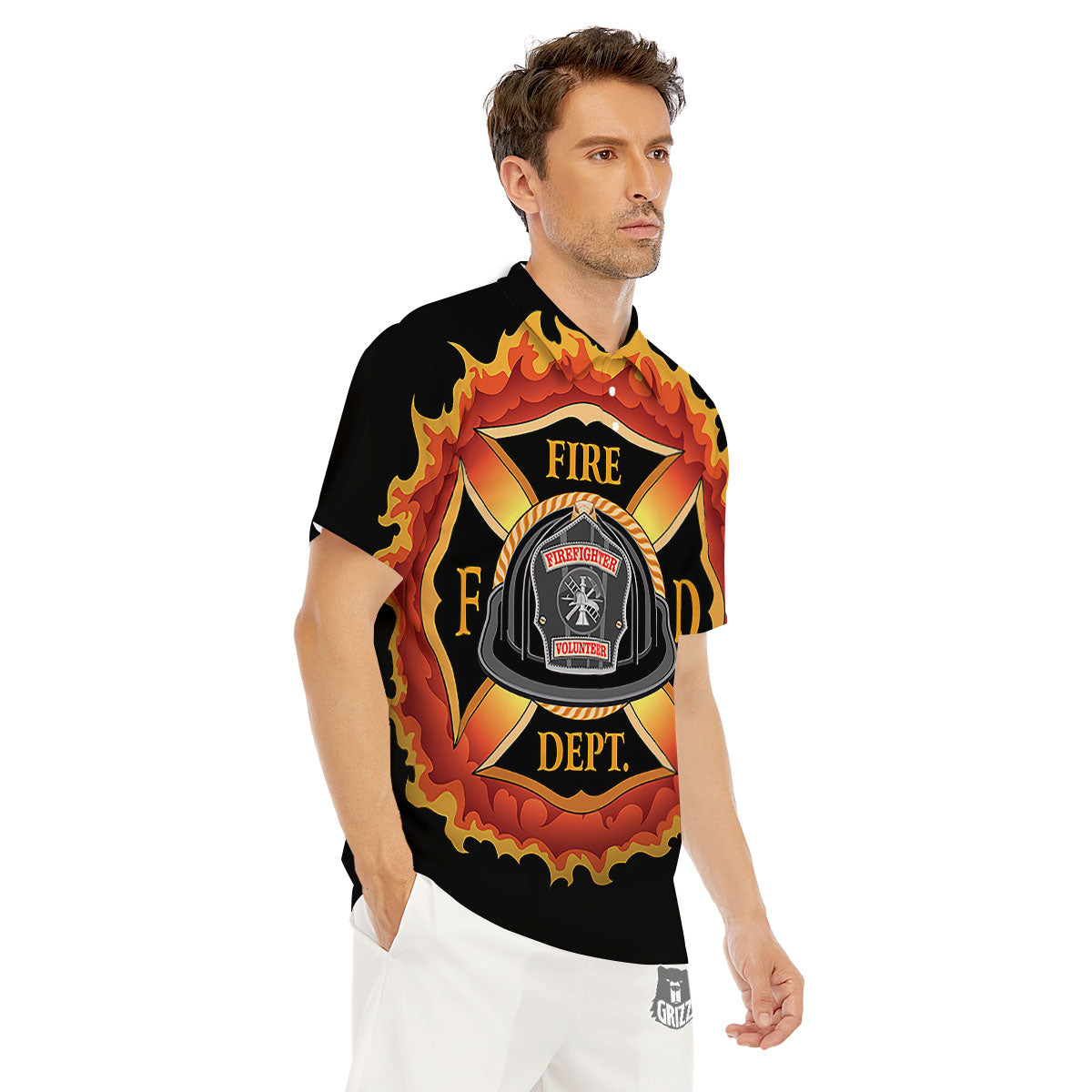 Firefighter Emblem Flaming Print Men's Golf Shirts-grizzshop