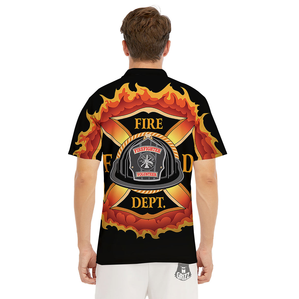 Firefighter Emblem Flaming Print Men's Golf Shirts-grizzshop