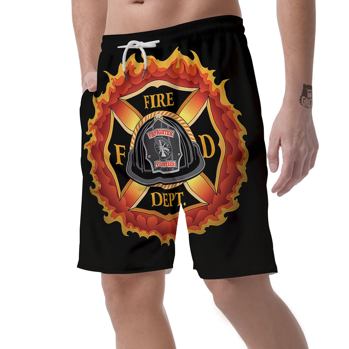 Firefighter Emblem Flaming Print Men's Shorts-grizzshop