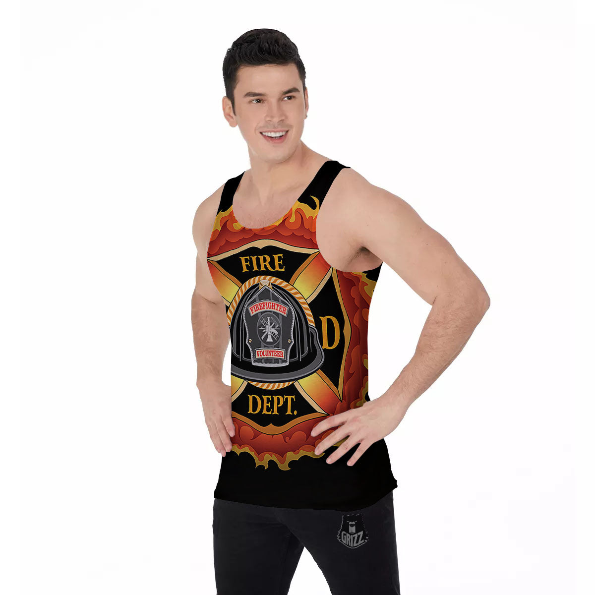 Firefighter Emblem Flaming Print Men's Tank Top-grizzshop