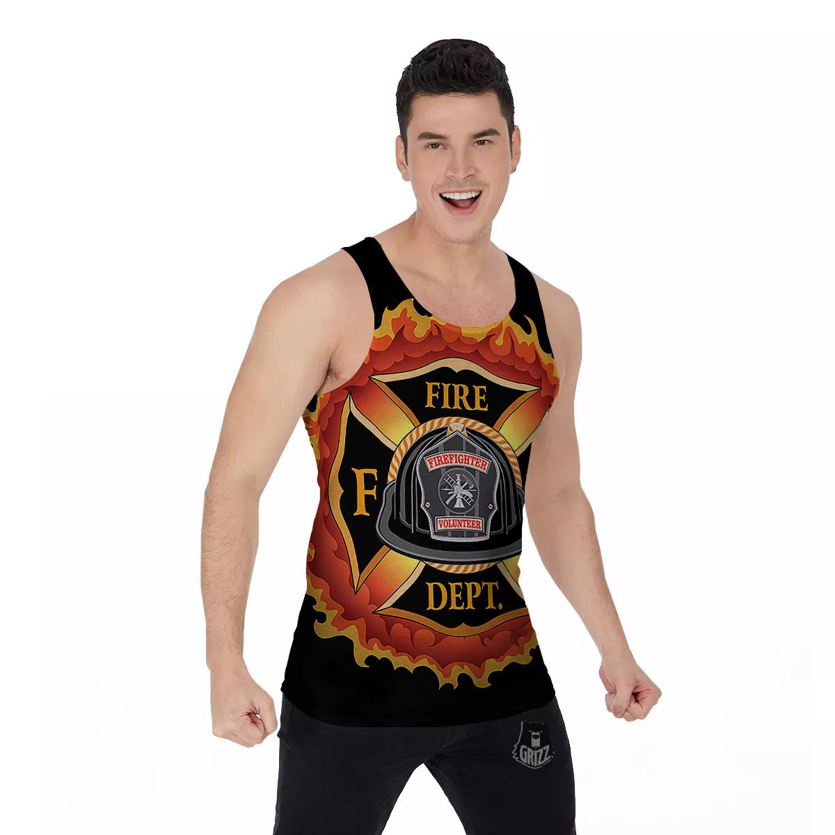 Firefighter Emblem Flaming Print Men's Tank Top-grizzshop