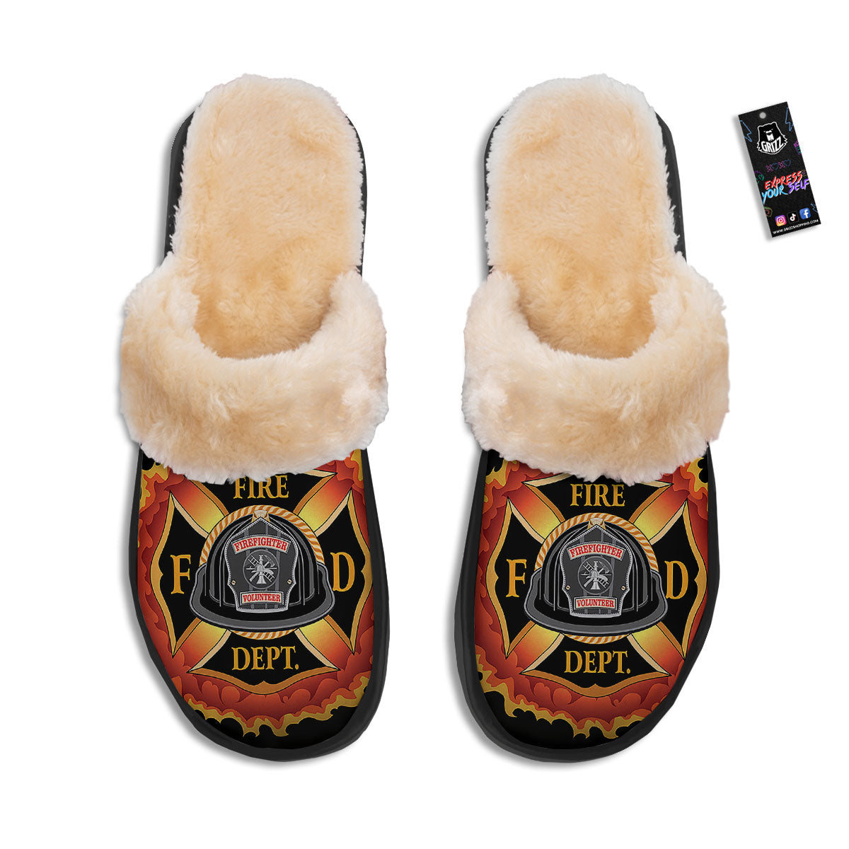 Firefighter Emblem Flaming Print Slippers-grizzshop