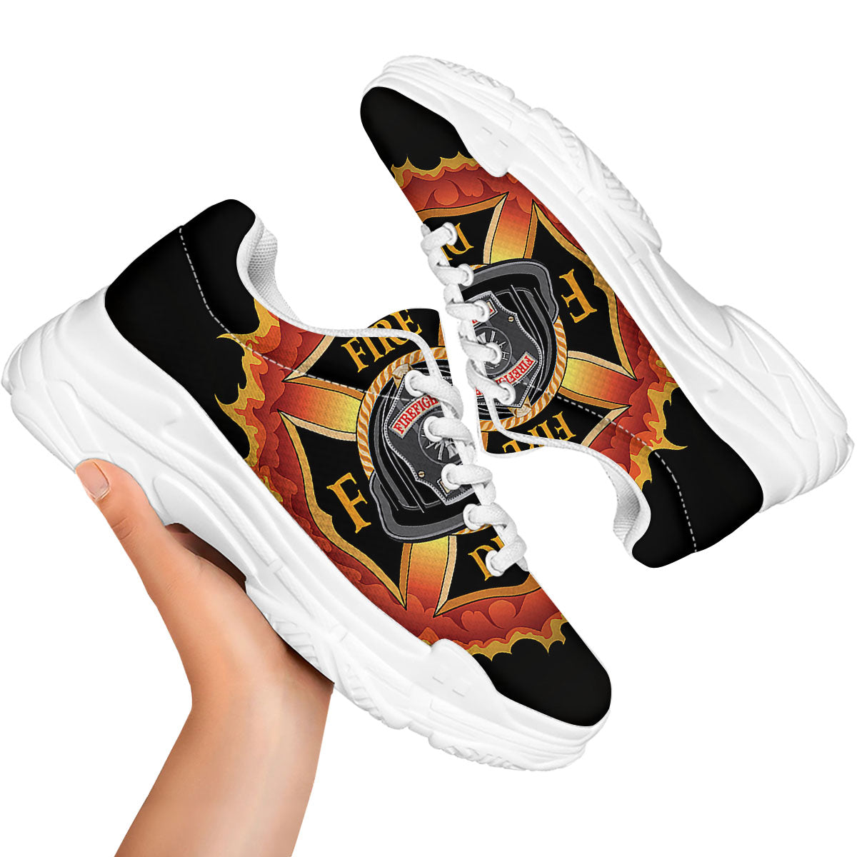 Firefighter Emblem Flaming Print White Chunky Shoes-grizzshop