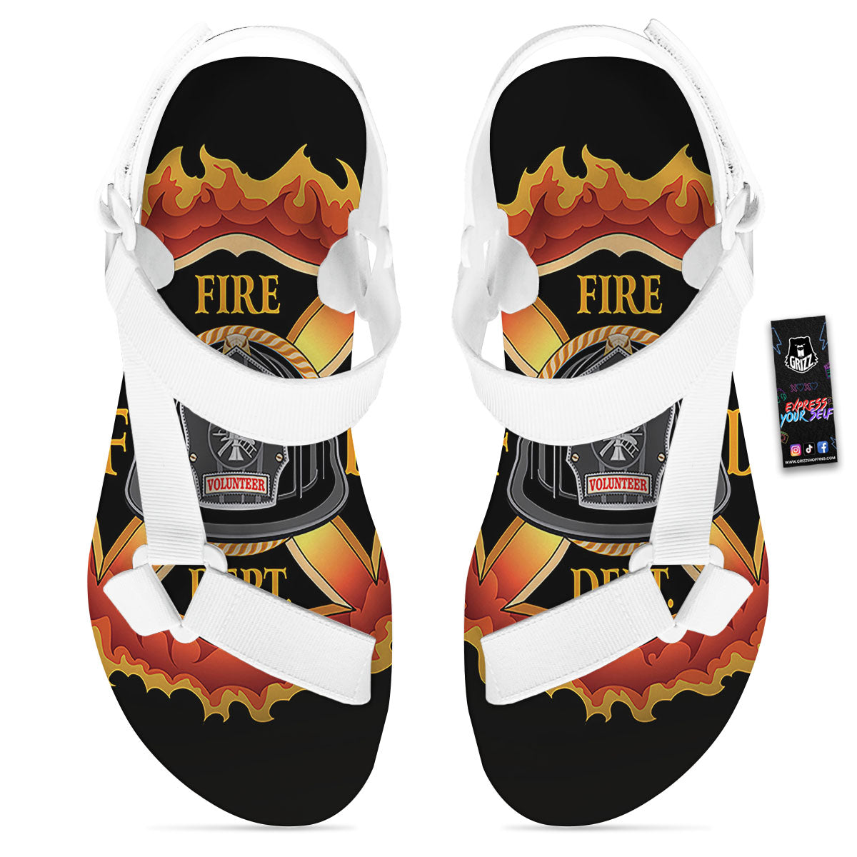 Firefighter Emblem Flaming Print White Open Toe Sandals-grizzshop