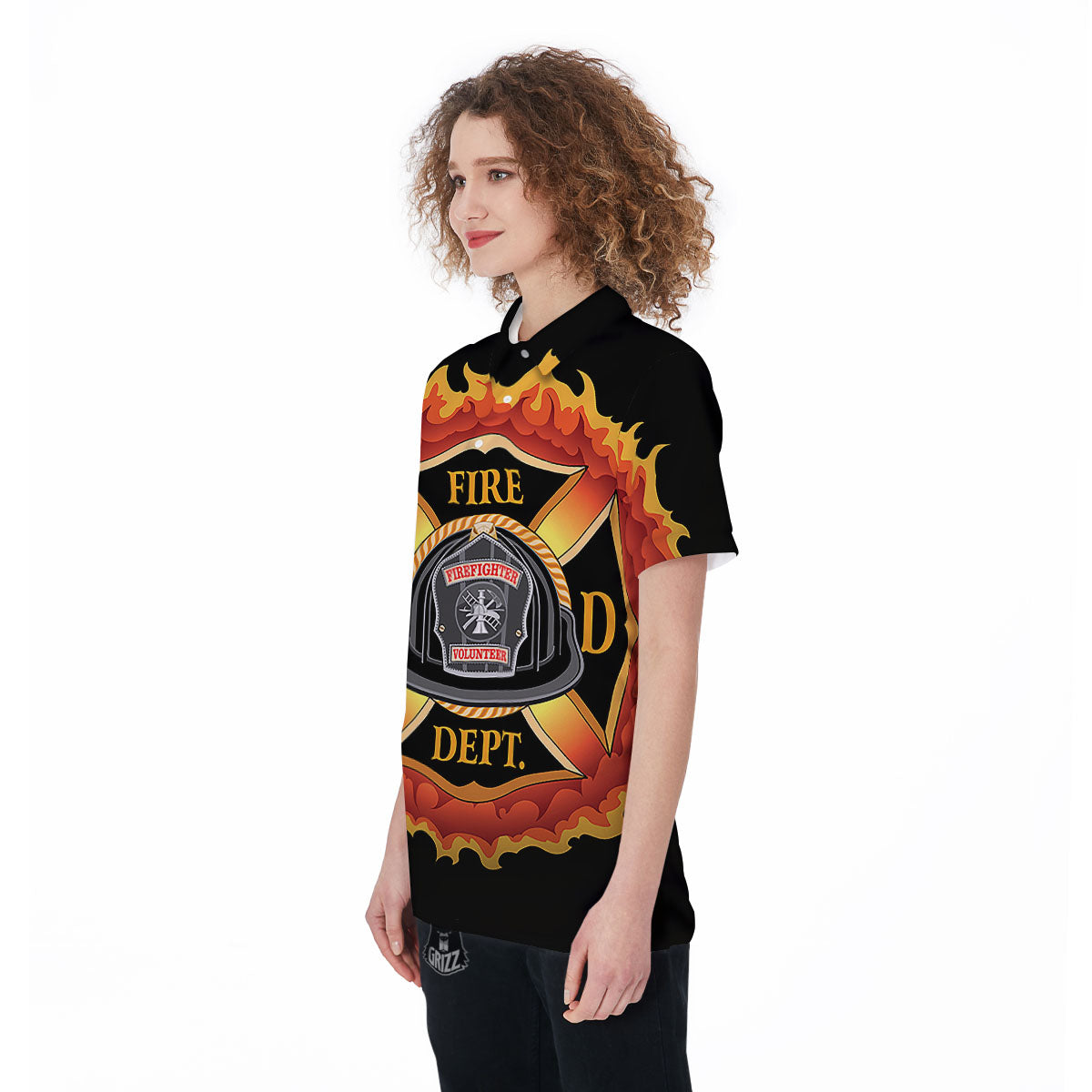 Firefighter Emblem Flaming Print Women's Golf Shirts-grizzshop