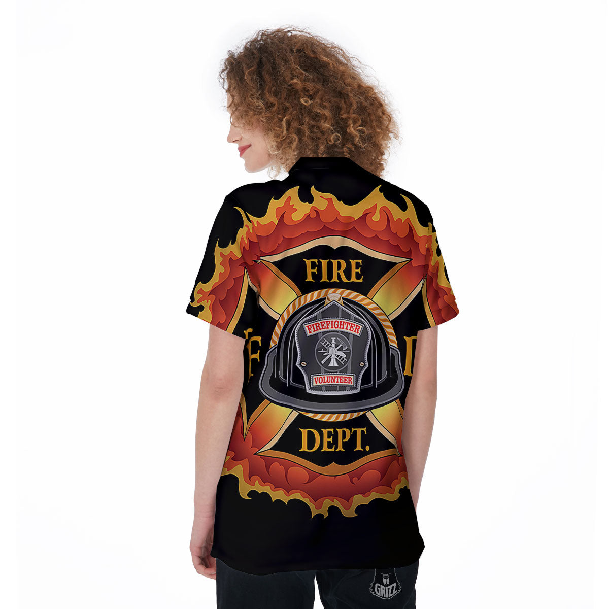 Firefighter Emblem Flaming Print Women's Golf Shirts-grizzshop