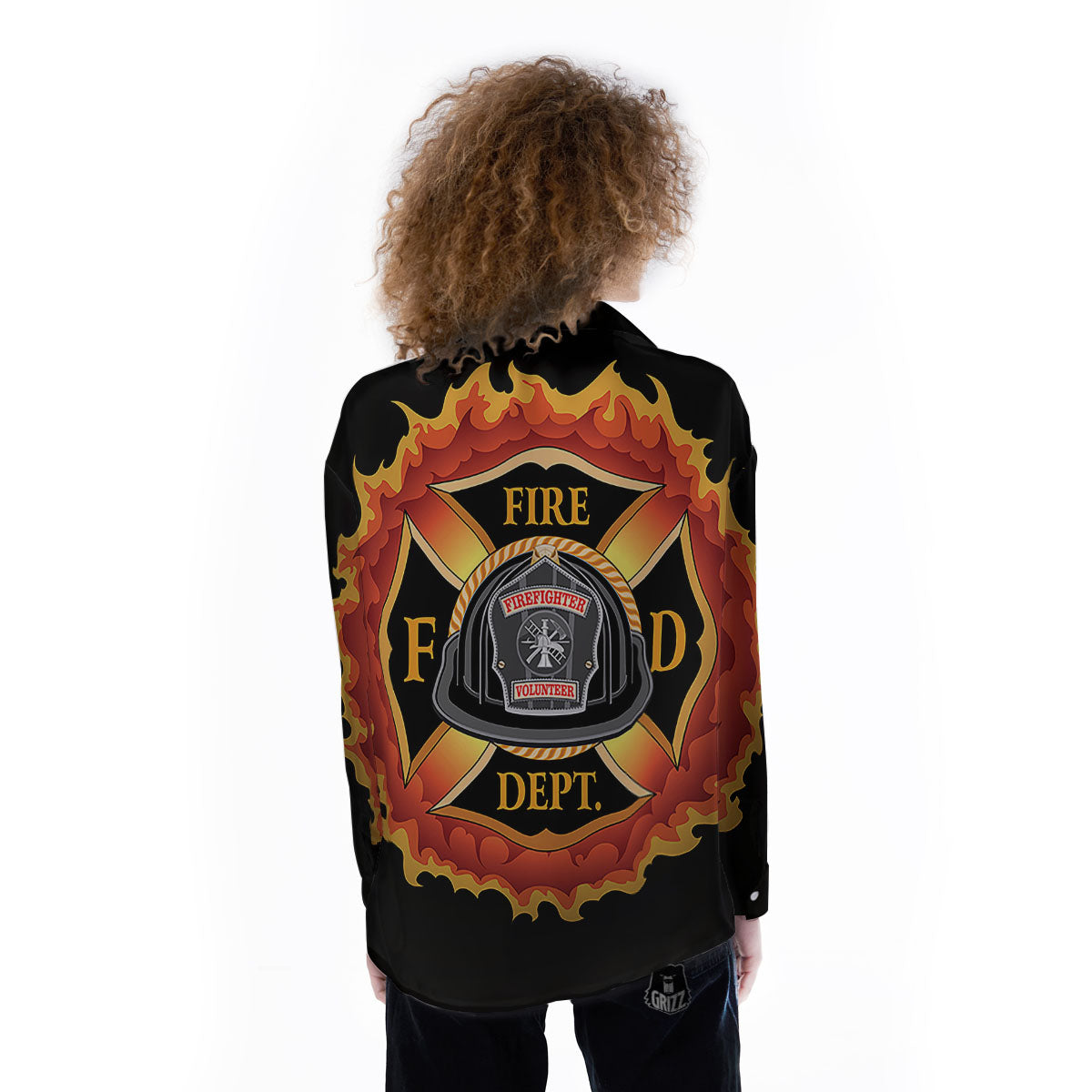 Firefighter Emblem Flaming Print Women's Long Sleeve Shirts-grizzshop