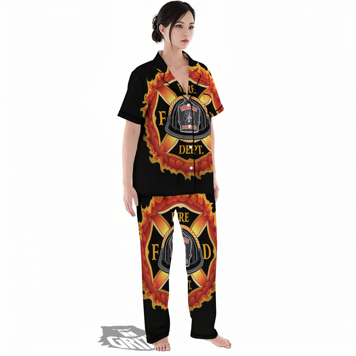 Firefighter Emblem Flaming Print Women's Pajamas Set-grizzshop
