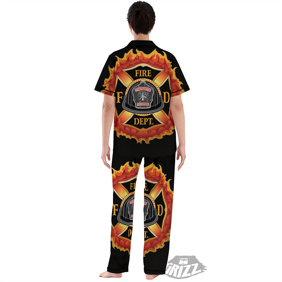 Firefighter Emblem Flaming Print Women's Pajamas Set-grizzshop