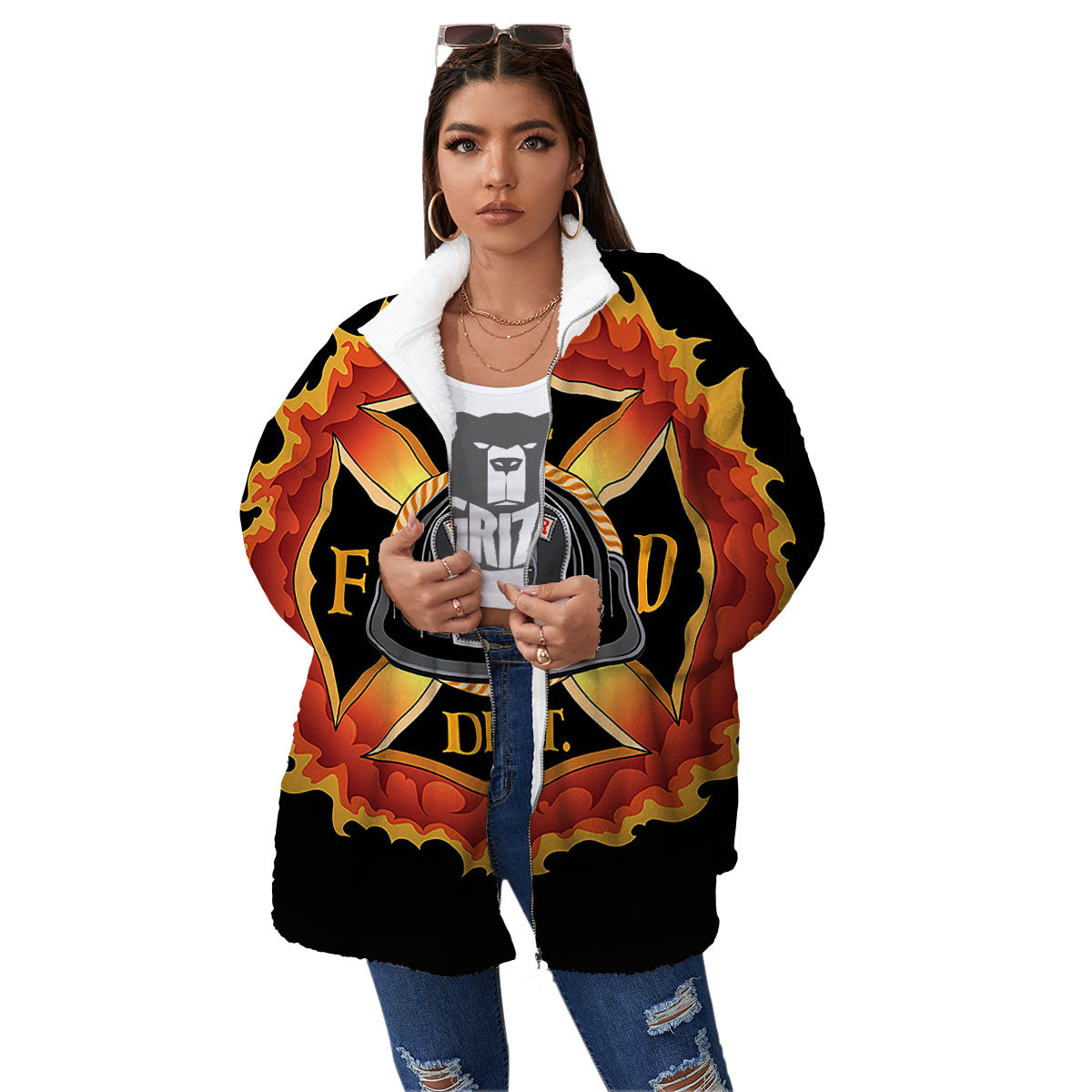 Firefighter Emblem Flaming Print Women's Sherpa Jacket-grizzshop