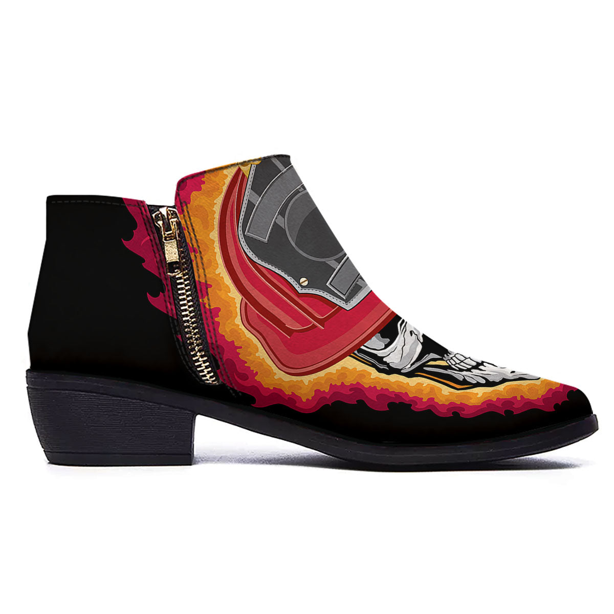 Firefighter Skull Flaming Print Ankle Boots-grizzshop