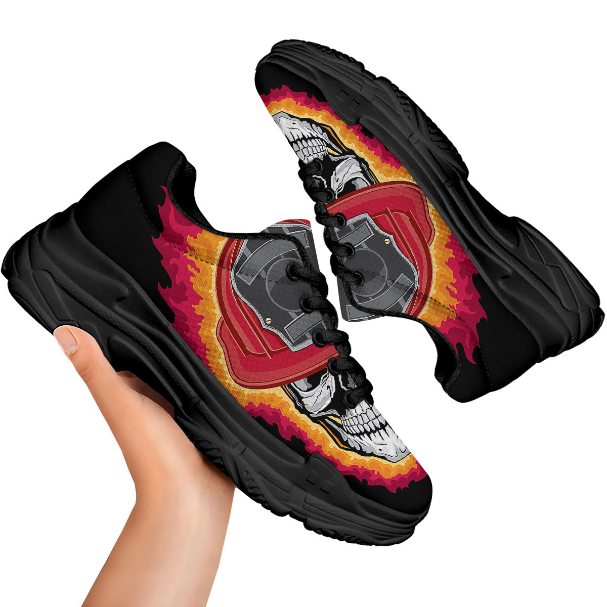 Firefighter Skull Flaming Print Black Chunky Shoes-grizzshop